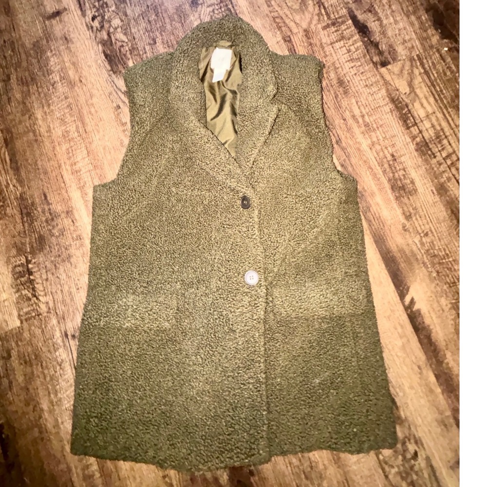 HM Olive Green Faux Shearling Boucle Longline Vest Womens XS Notch Lapel Pocket